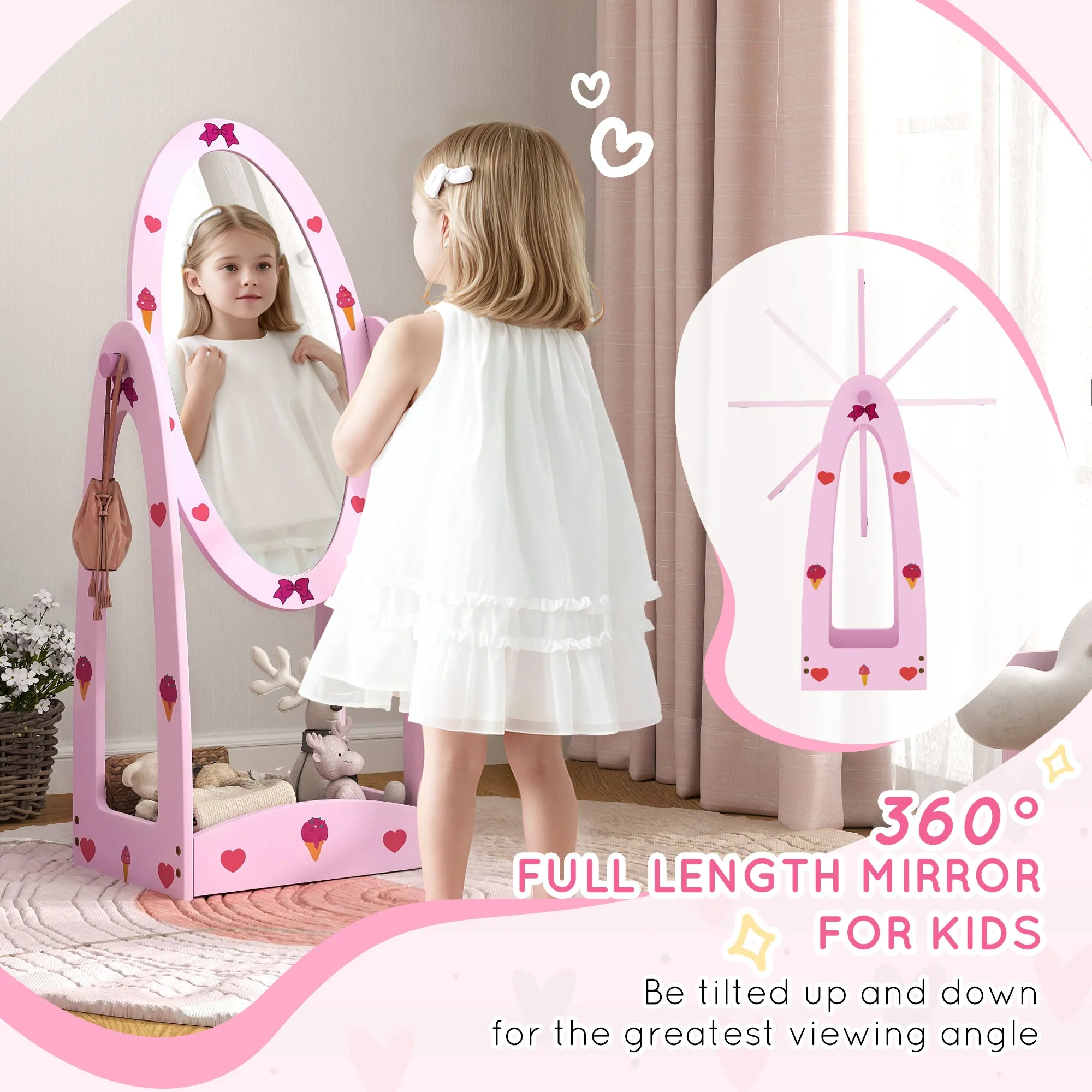 AIYAPLAY 360° Rotating Kids Full Length Mirror with Storage Shelf, Hot Pink