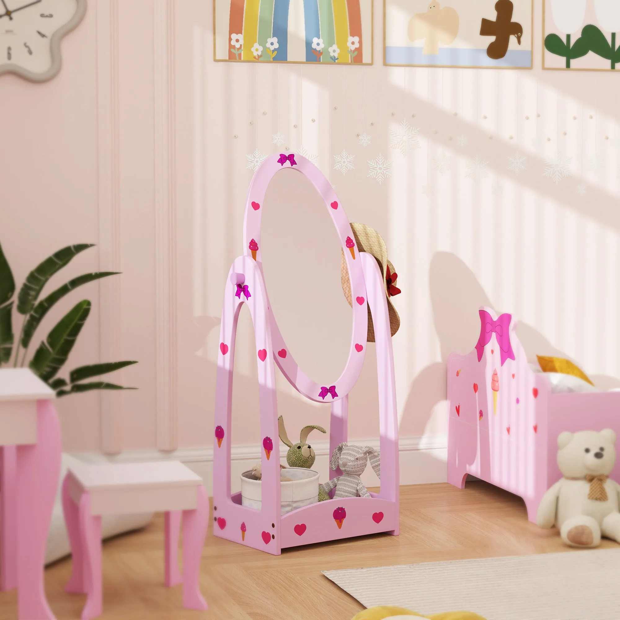 AIYAPLAY 360° Rotating Kids Full Length Mirror with Storage Shelf, Hot Pink