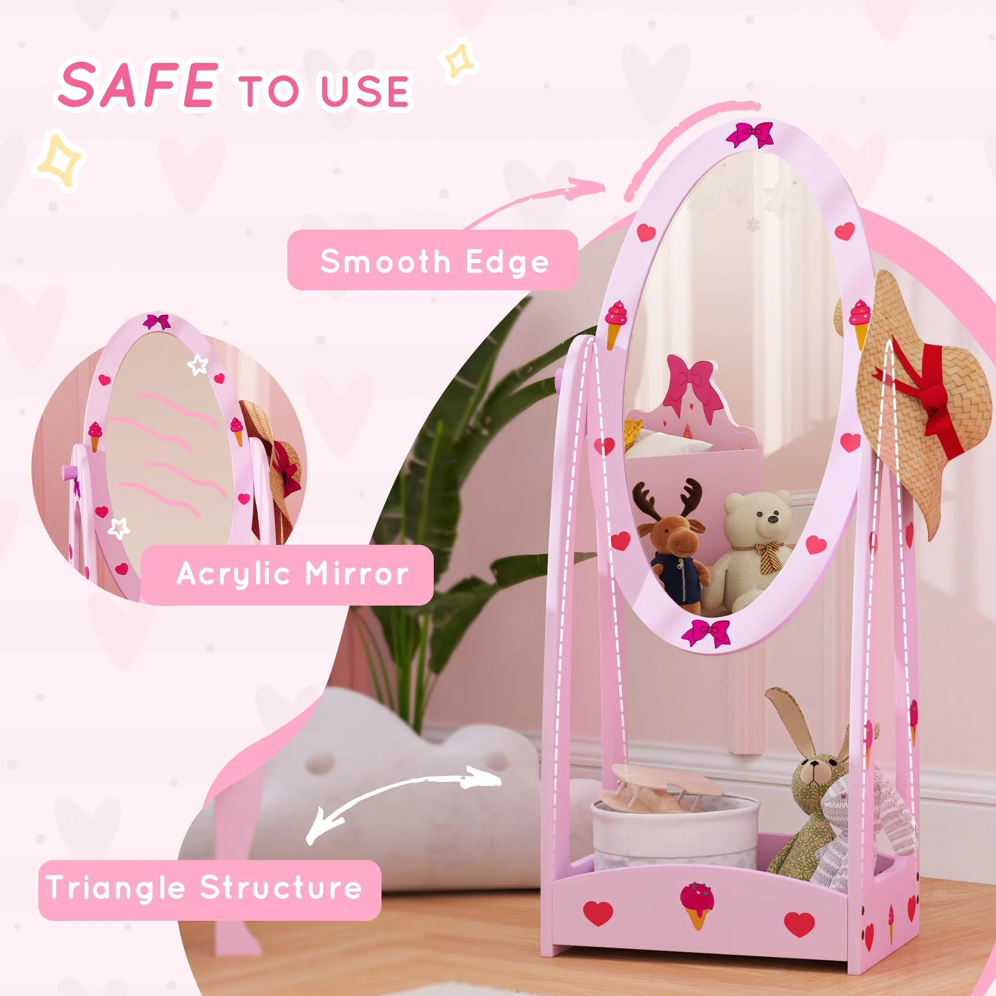 AIYAPLAY 360° Rotating Kids Full Length Mirror with Storage Shelf, Hot Pink