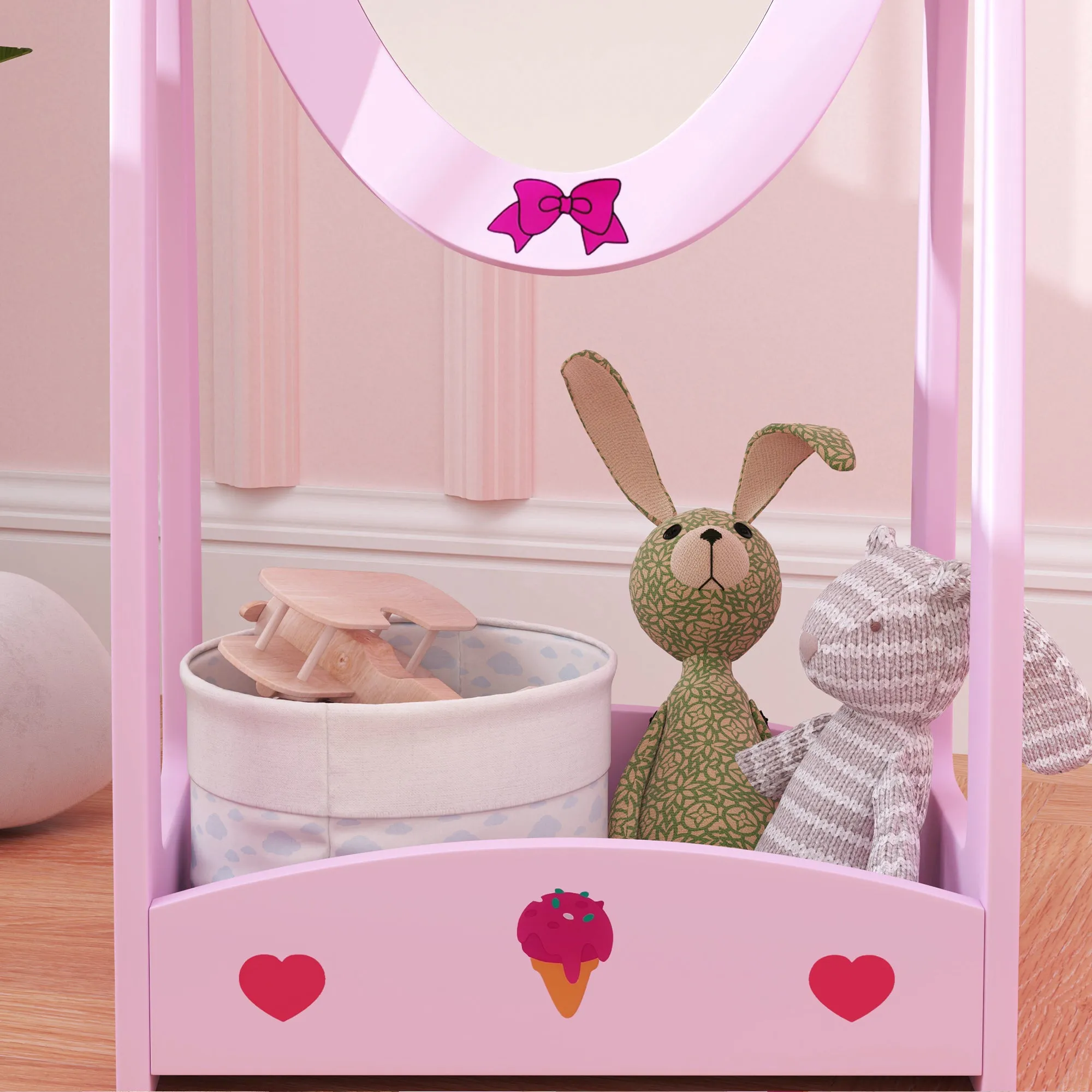 AIYAPLAY 360° Rotating Kids Full Length Mirror with Storage Shelf, Hot Pink