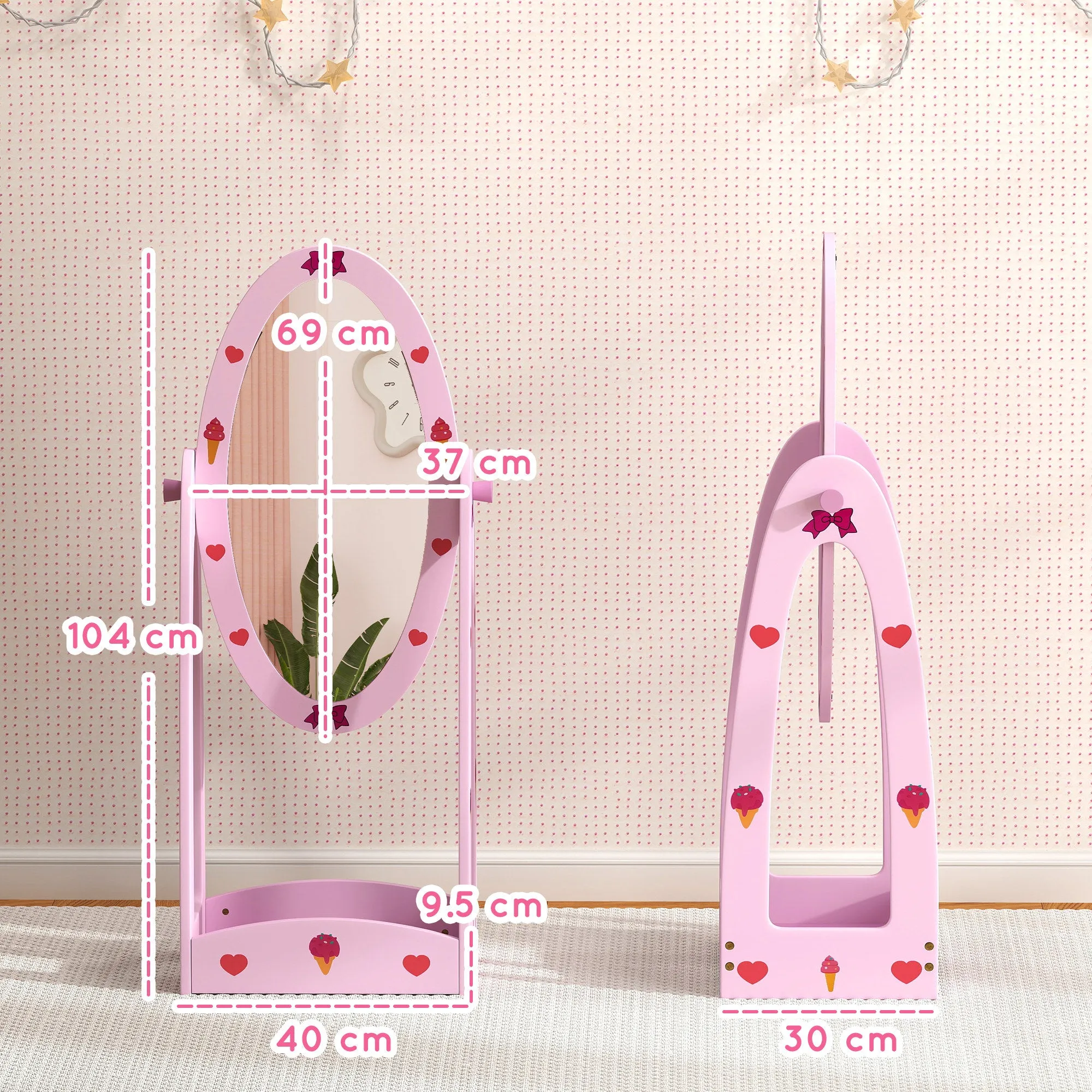 AIYAPLAY 360° Rotating Kids Full Length Mirror with Storage Shelf, Hot Pink