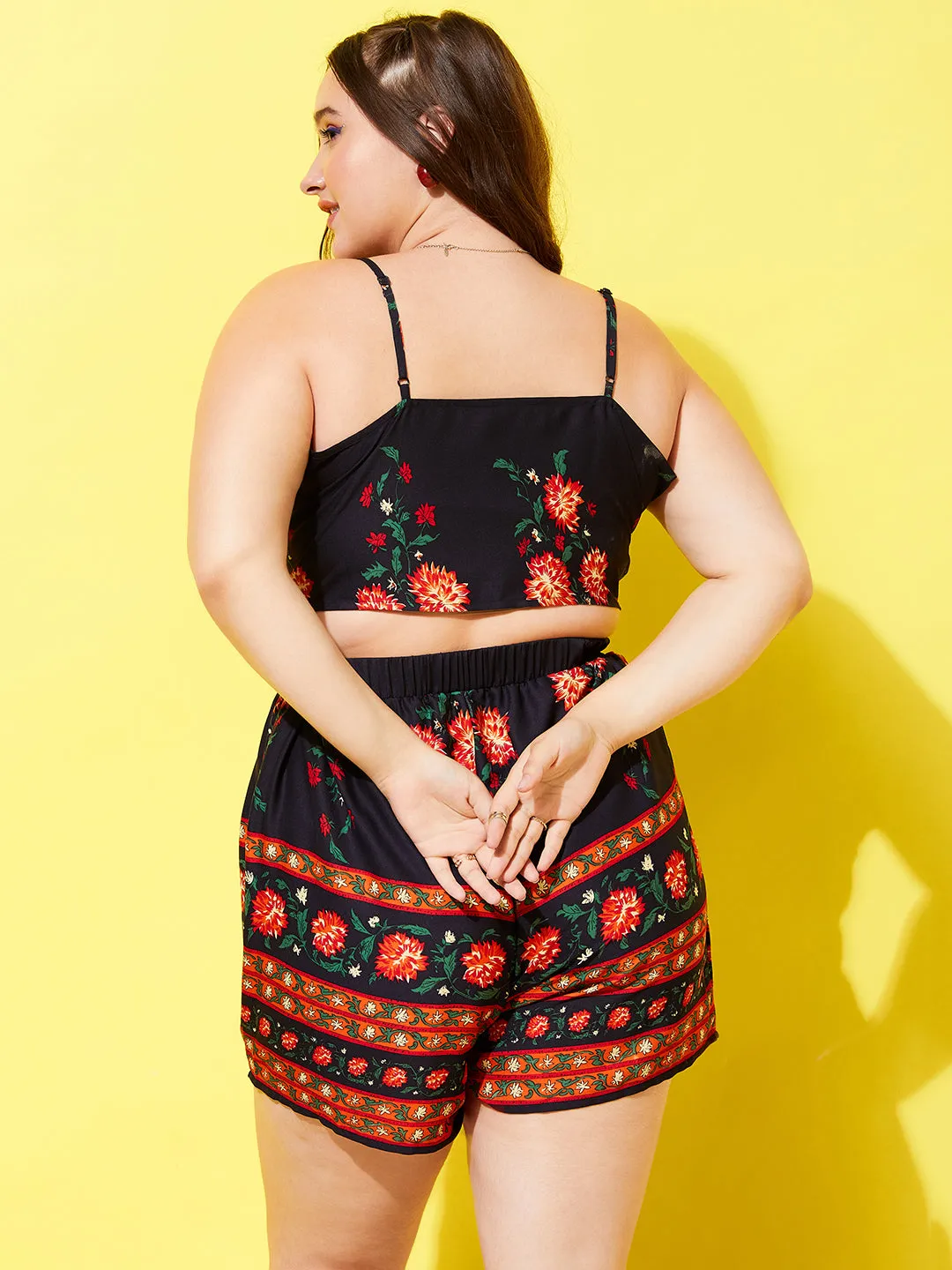 Berrylush Women Plus Size Navy Blue & Orange Floral Printed Square Neck Sleeveless Cropped Top and Elastic-Waist Mini Shorts Co-Ord Set