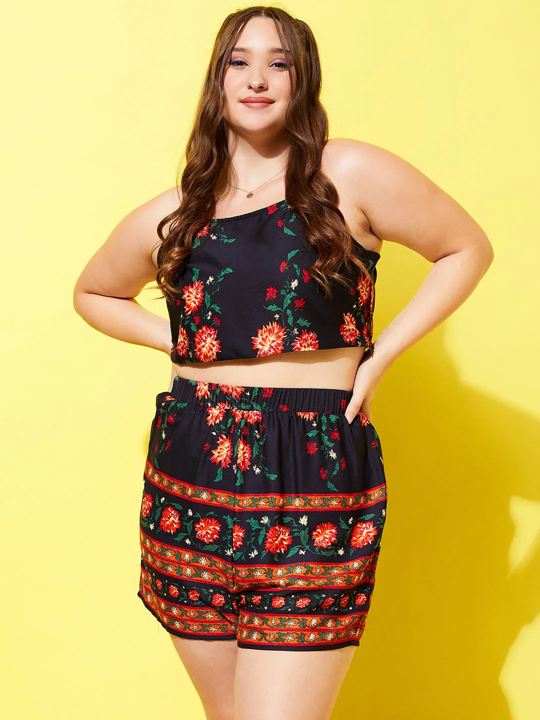 Berrylush Women Plus Size Navy Blue & Orange Floral Printed Square Neck Sleeveless Cropped Top and Elastic-Waist Mini Shorts Co-Ord Set