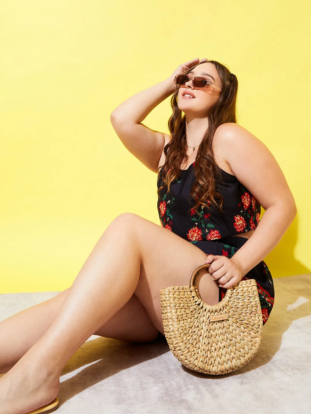 Berrylush Women Plus Size Navy Blue & Orange Floral Printed Square Neck Sleeveless Cropped Top and Elastic-Waist Mini Shorts Co-Ord Set