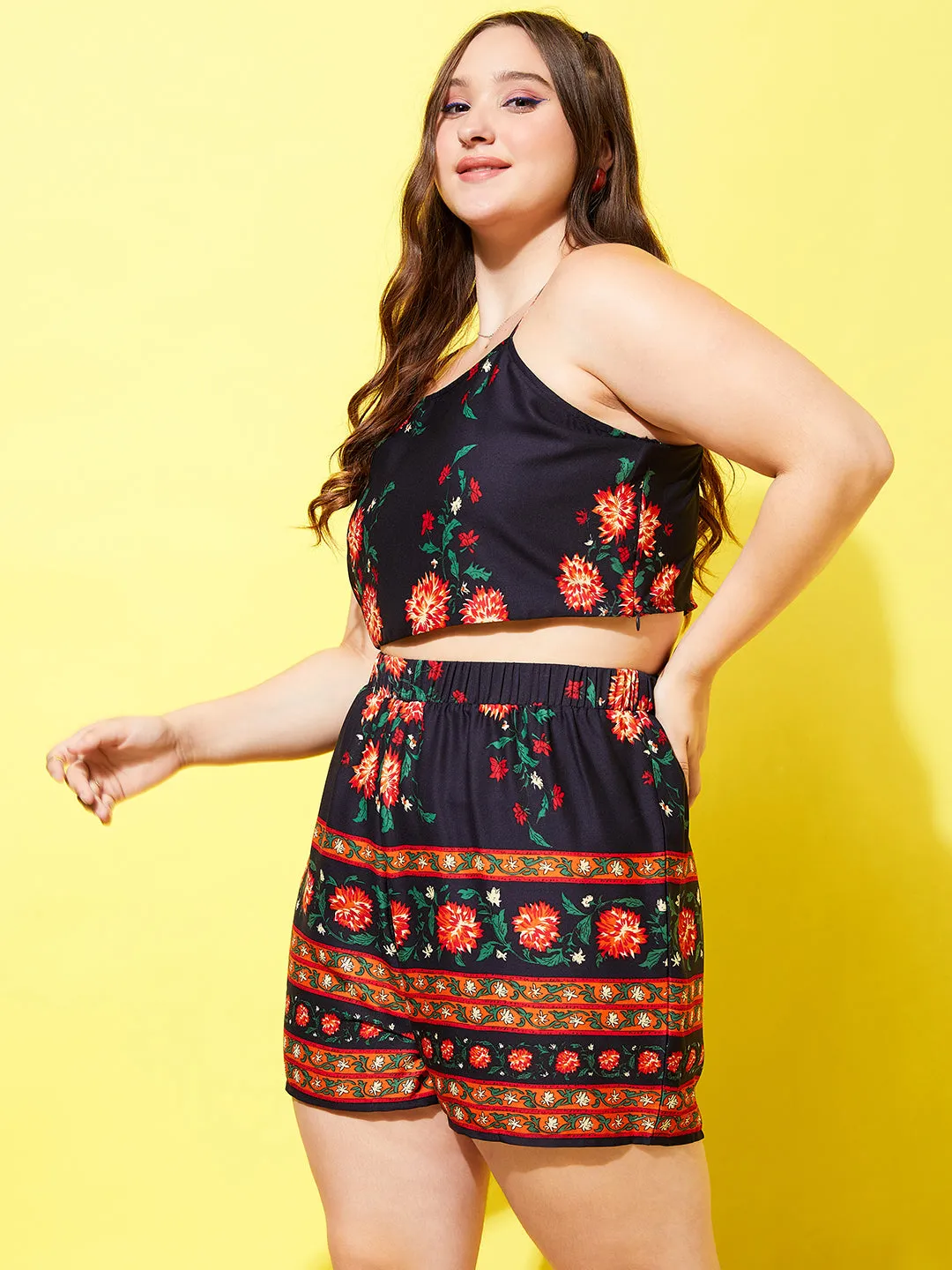 Berrylush Women Plus Size Navy Blue & Orange Floral Printed Square Neck Sleeveless Cropped Top and Elastic-Waist Mini Shorts Co-Ord Set