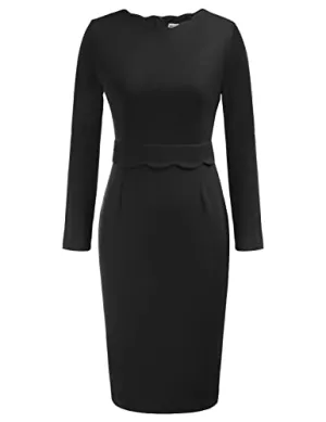 Black Long Sleeve Women's Casual Bodycon Tube Dress Scalloped Neck Midi Pencil Dress Wear To Work Dresses Grace Karin
