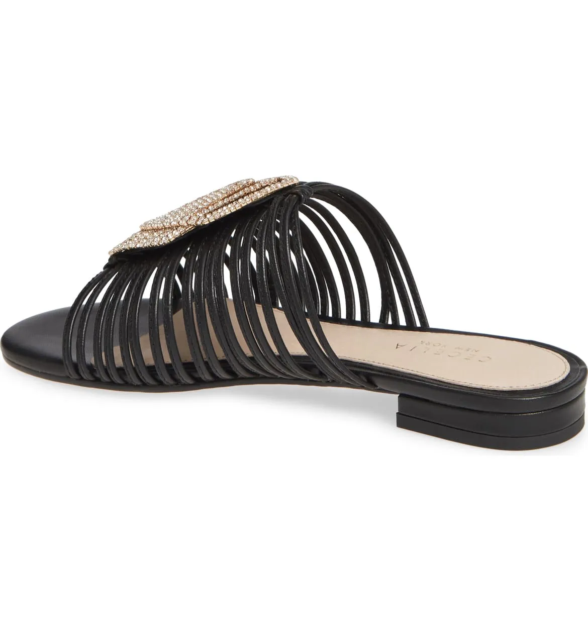Cecelia New York Darleen Slide Sandal Black/Silver Stone Slip On Caged Mule Flat