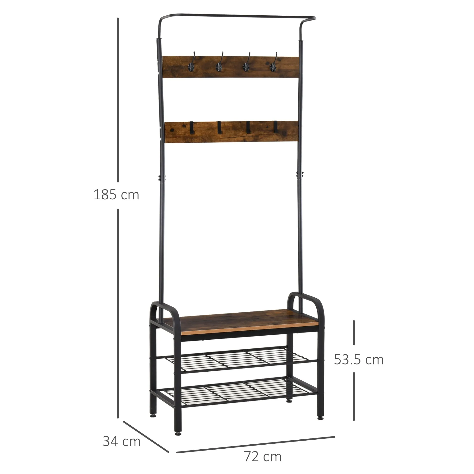 Coat Rack Stand Industrial hallway Shoe Rack Removable Hooks Metal Wood Hangers Storage Cabinet Rustic Brown 72L x 34W x 185H(cm)