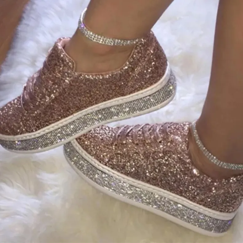 Comelyy Breathable Lace Up Sliver Bling Shoes