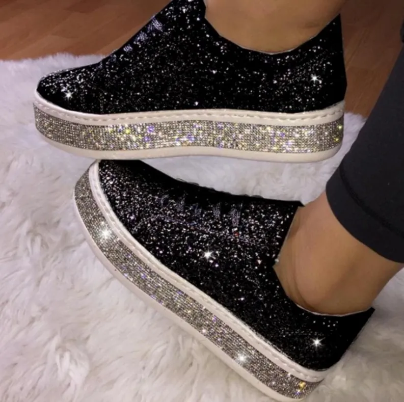Comelyy Breathable Lace Up Sliver Bling Shoes