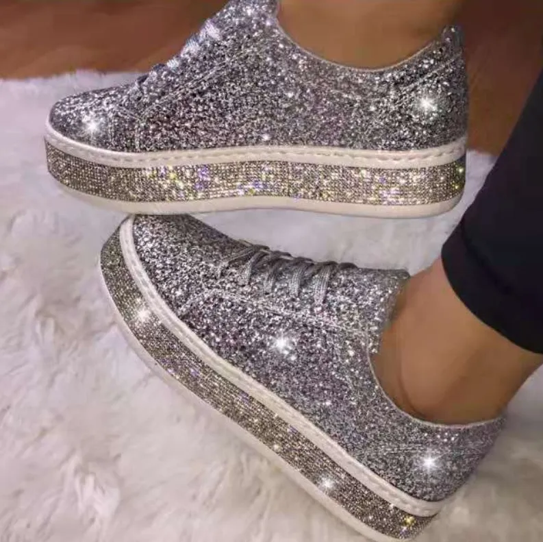 Comelyy Breathable Lace Up Sliver Bling Shoes