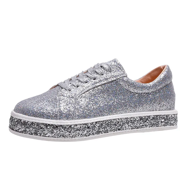 Comelyy Breathable Lace Up Sliver Bling Shoes