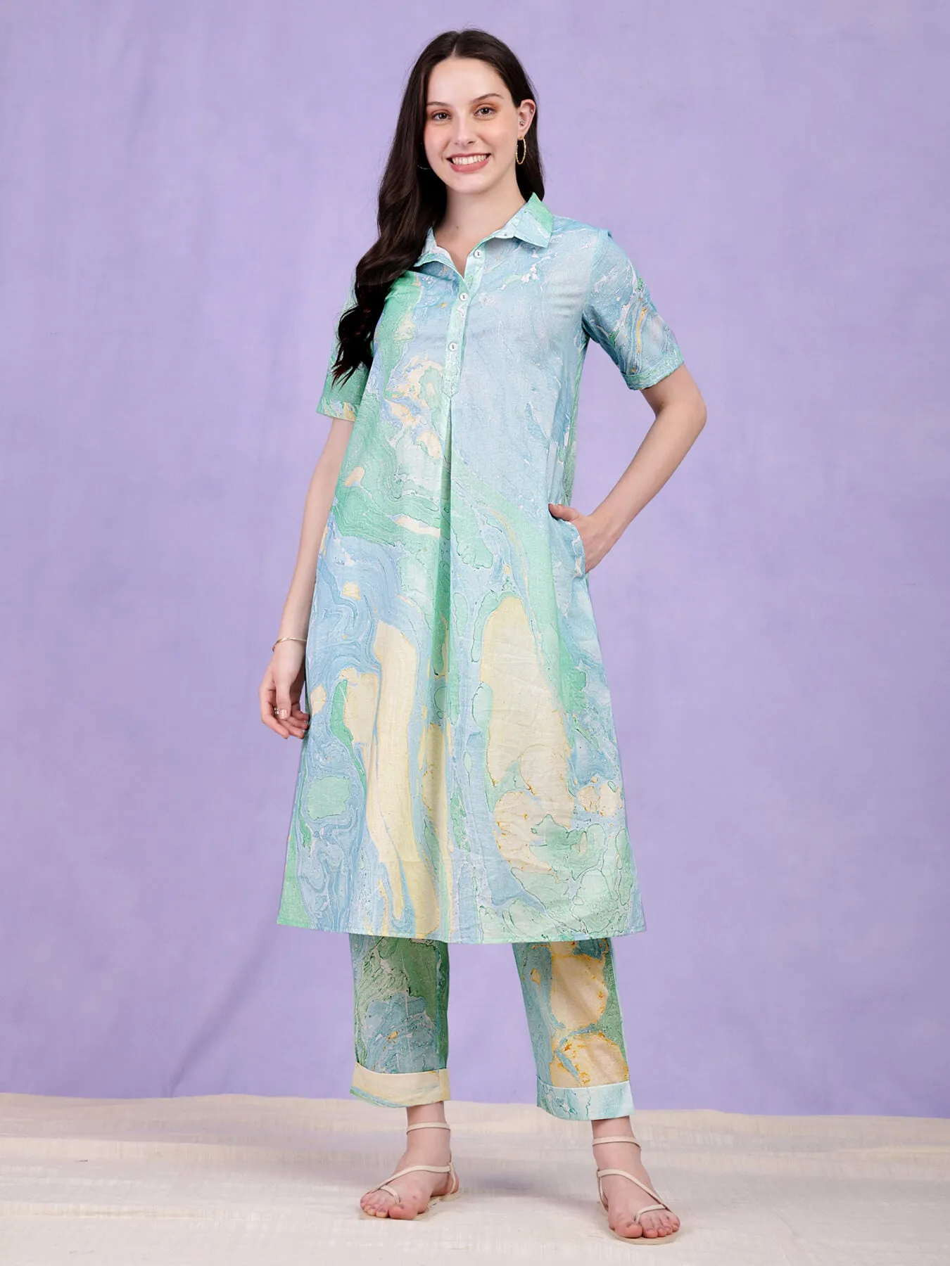Cotton Cloud Print Kurta - Light Blue