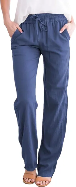 Cotton Cotton Linen Pants for Women Summer Casual Long Pants High Waisted Drawstring Trousers with Pockets