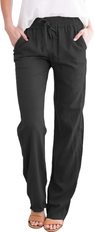 Cotton Cotton Linen Pants for Women Summer Casual Long Pants High Waisted Drawstring Trousers with Pockets