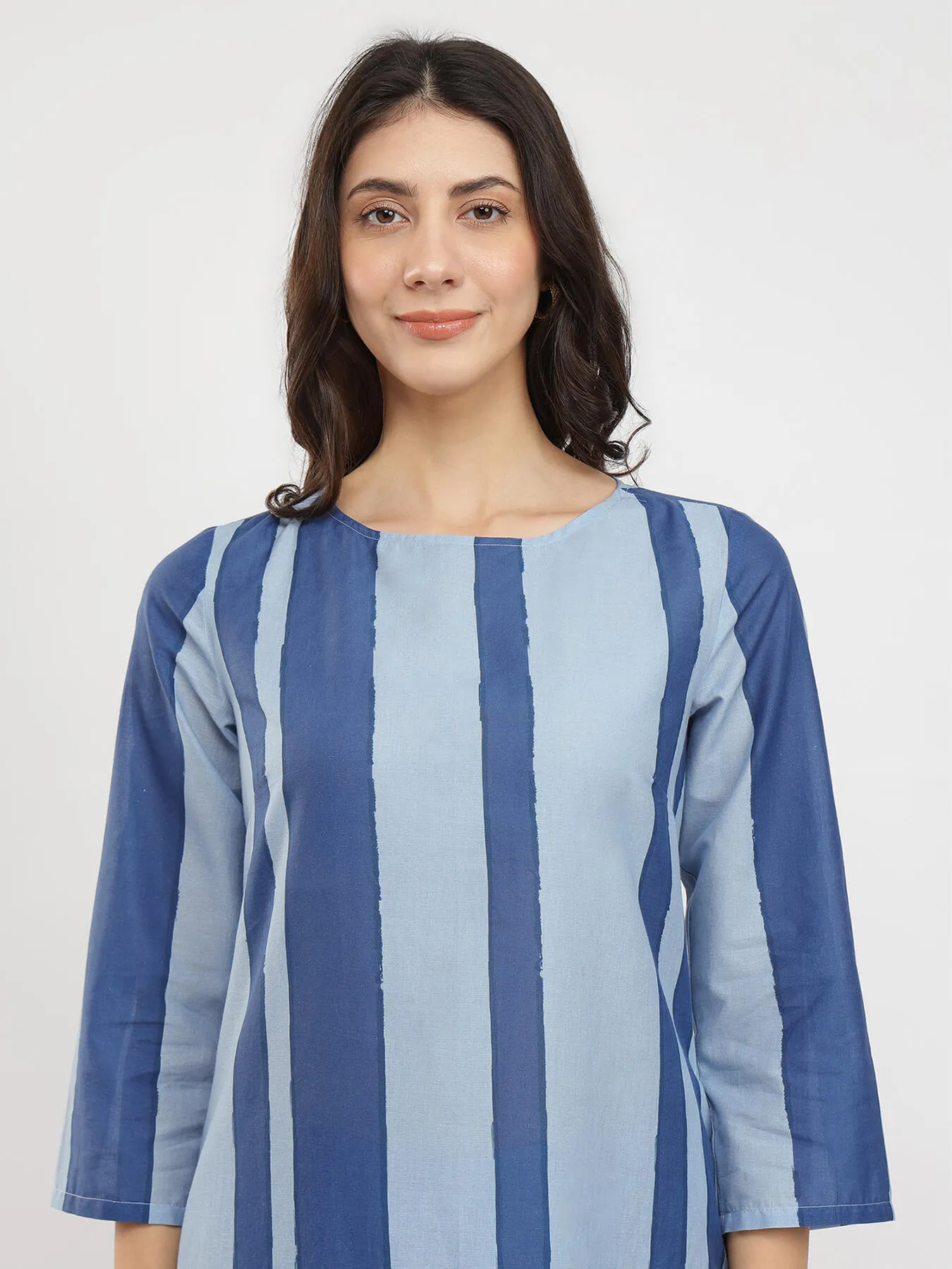 Cotton Monotone Striped Kurta Set - Blue
