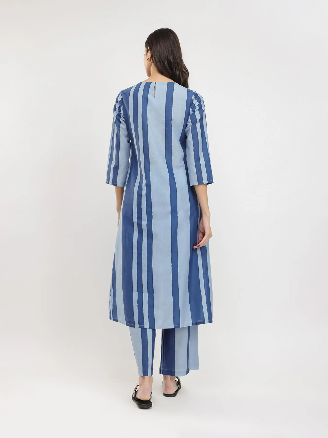 Cotton Monotone Striped Kurta Set - Blue