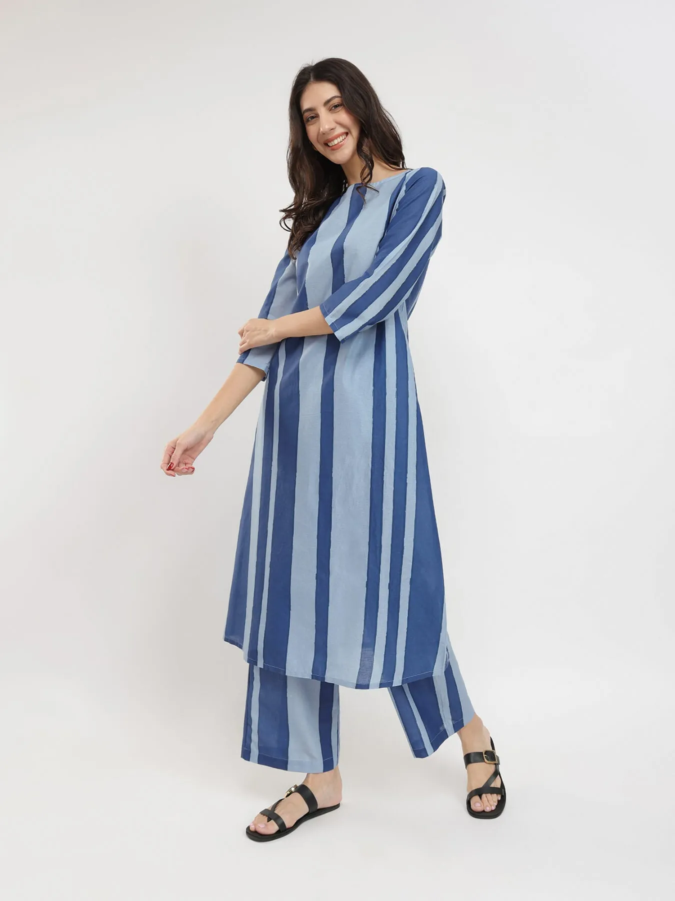 Cotton Monotone Striped Kurta Set - Blue