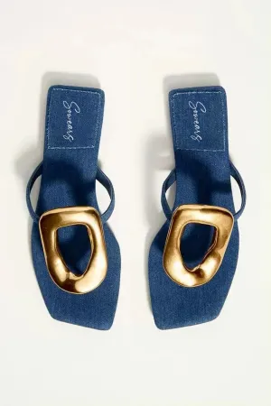 Denim Oval Buckle Flats