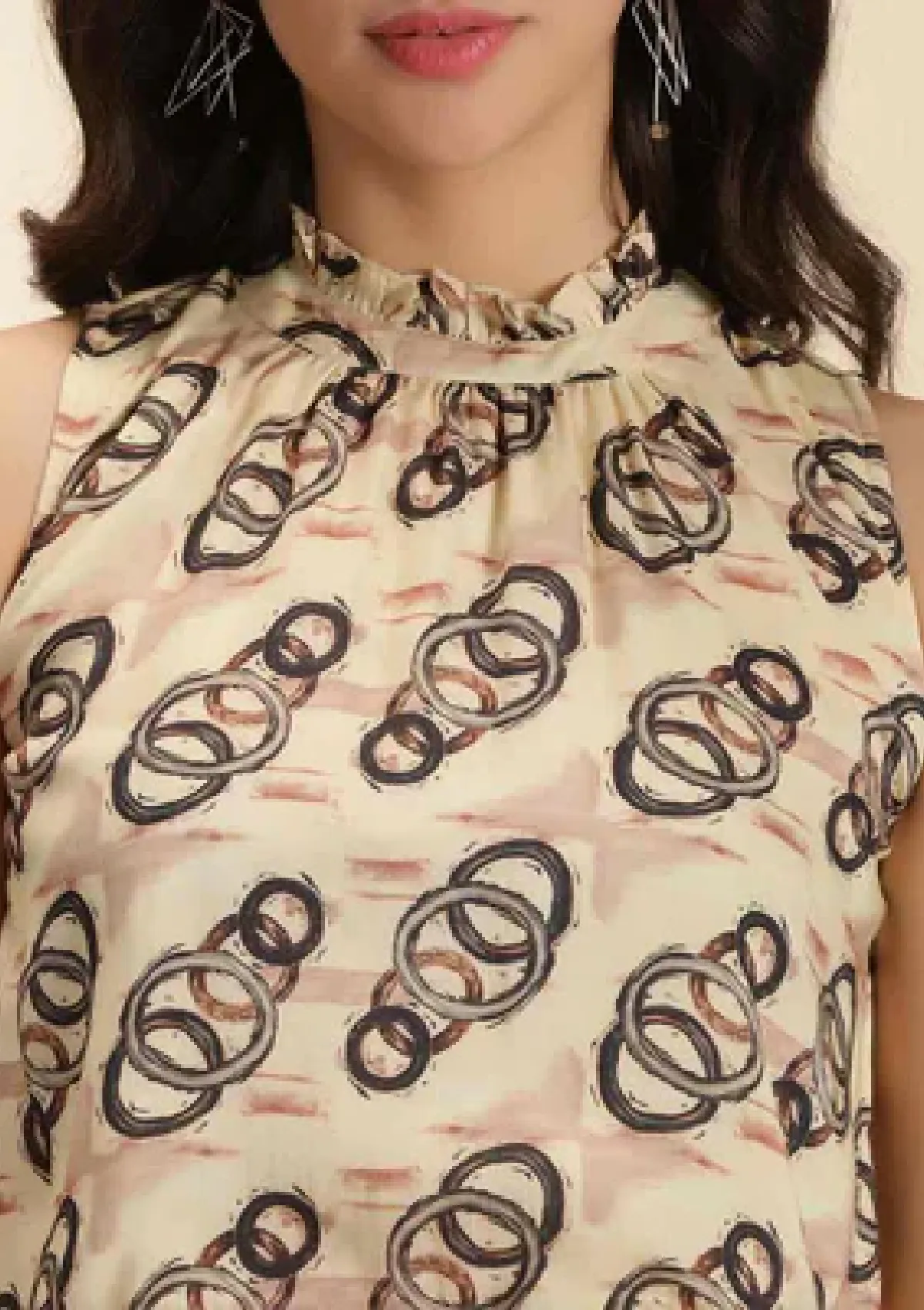 Gaia Elegance - Ruffled Neckline Printed Top