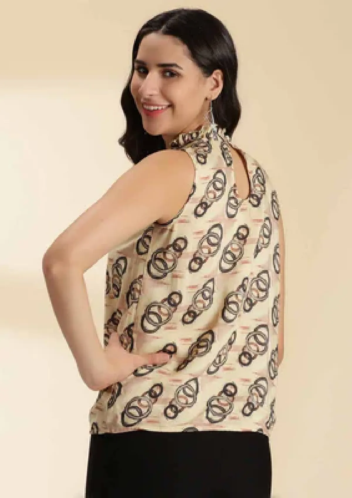 Gaia Elegance - Ruffled Neckline Printed Top
