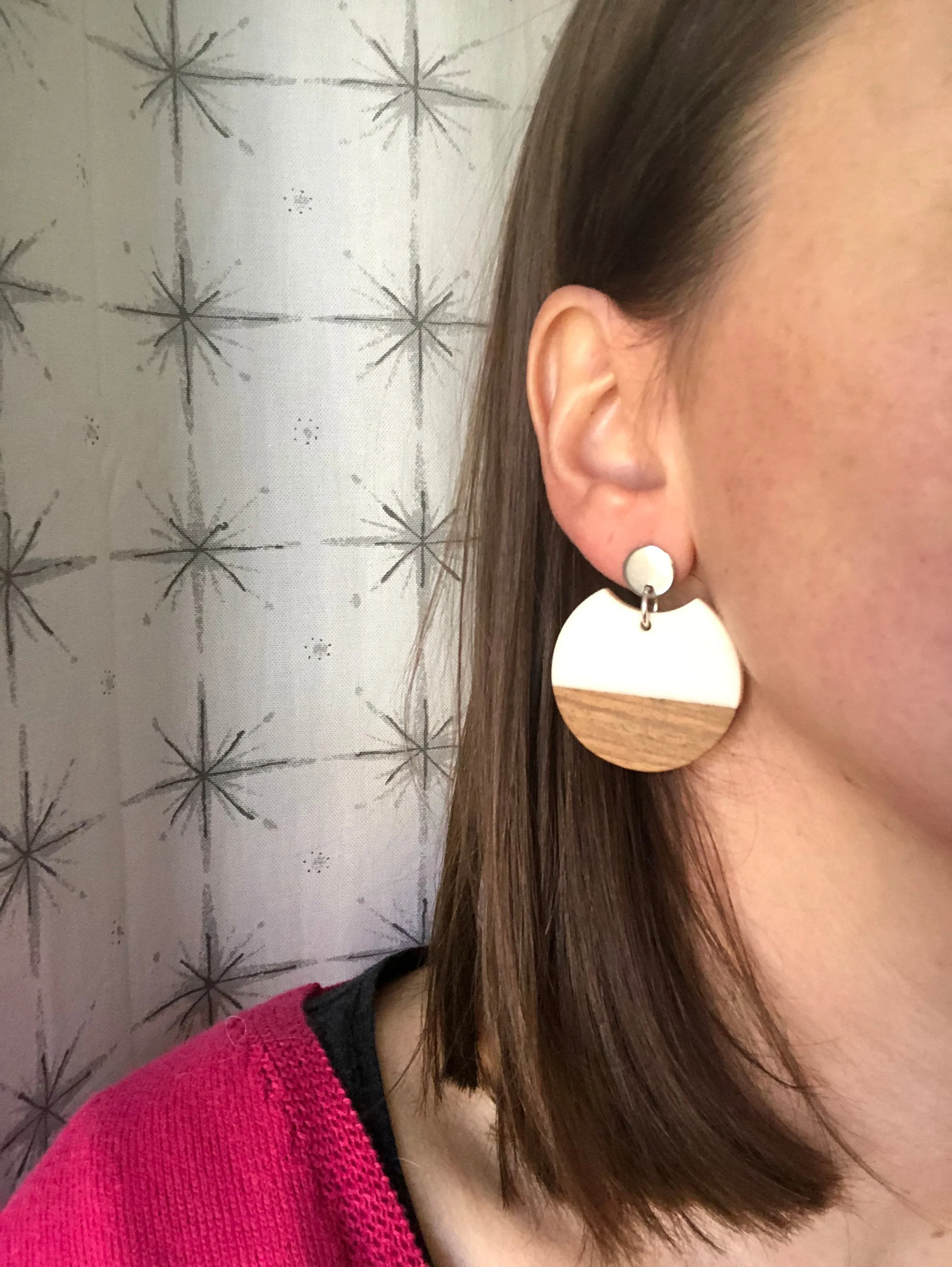 Green White Brown Lucite Wood Statement Big Earrings - Hanna