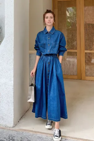 High-Waist Denim Maxi Dress