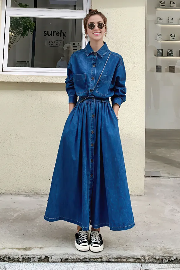 High-Waist Denim Maxi Dress