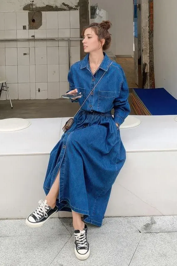 High-Waist Denim Maxi Dress