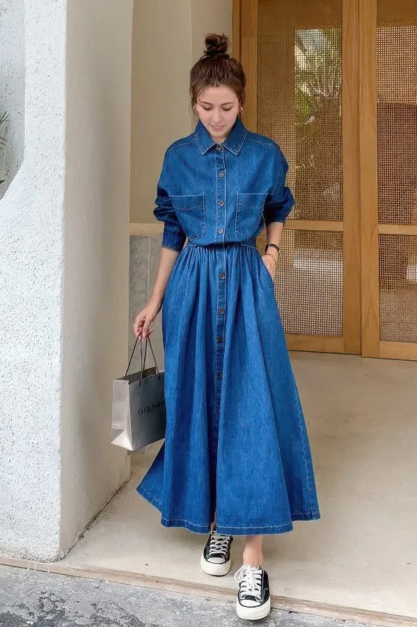 High-Waist Denim Maxi Dress