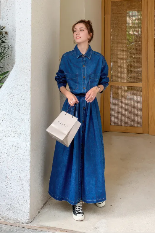High-Waist Denim Maxi Dress