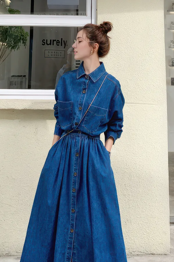 High-Waist Denim Maxi Dress