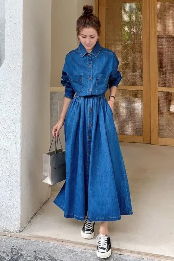 High-Waist Denim Maxi Dress