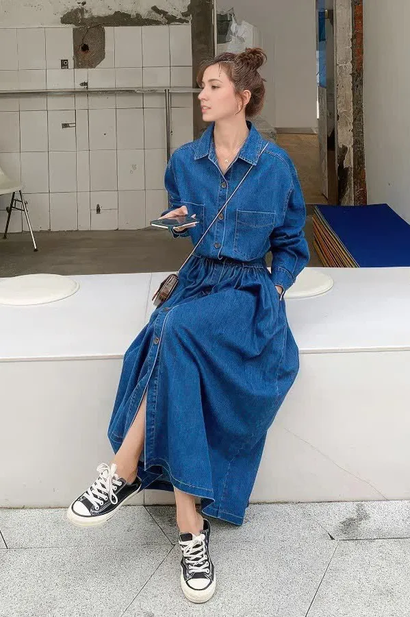 High-Waist Denim Maxi Dress