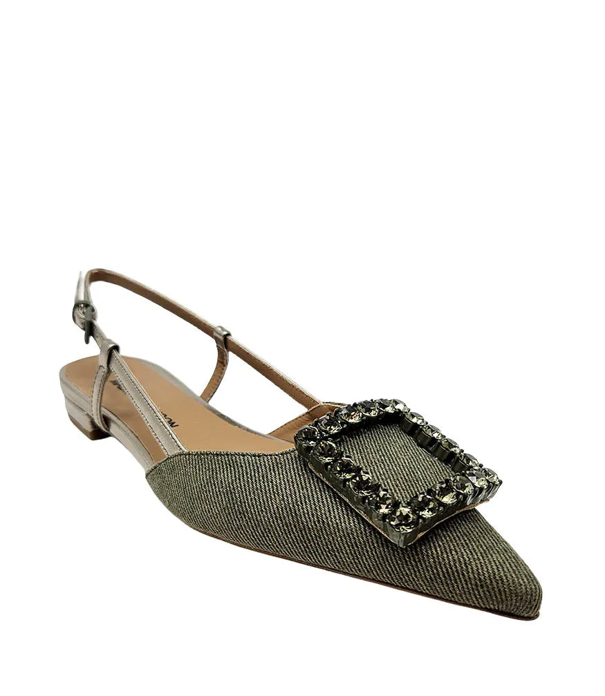 Khaki/Gold Sling Back Flat