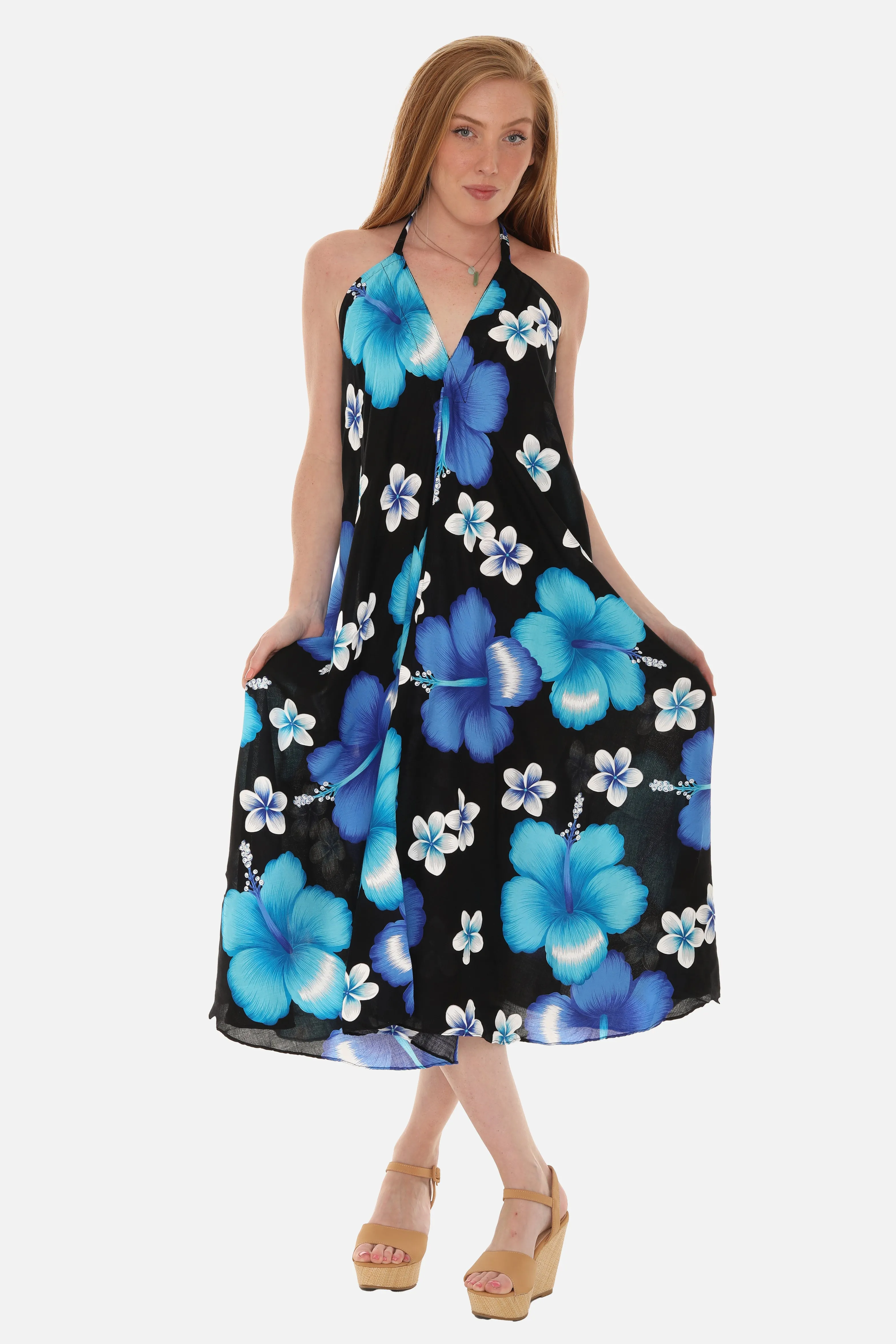 Large Floral Island Print Challis Halter Midi Dress For Women