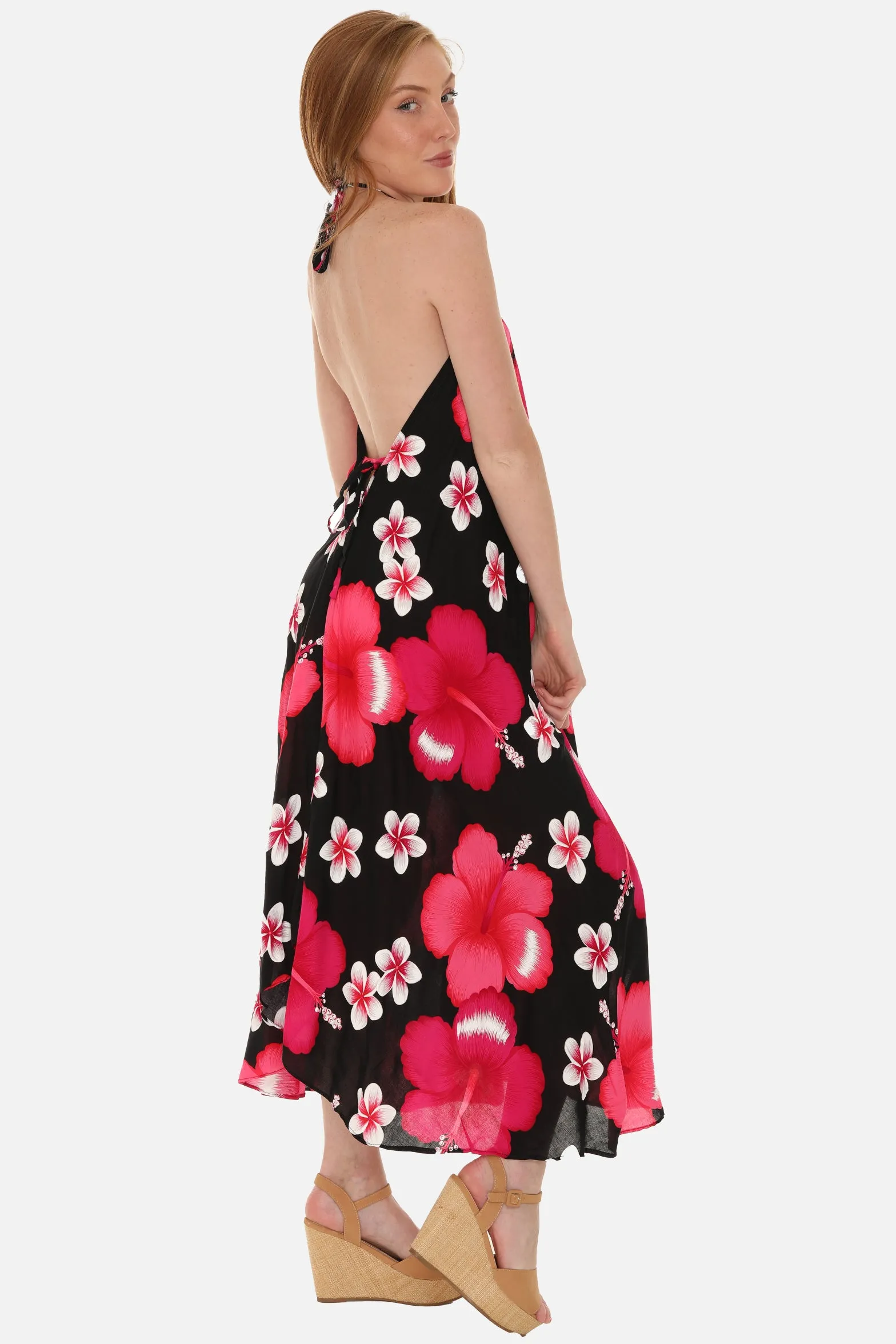 Large Floral Island Print Challis Halter Midi Dress For Women