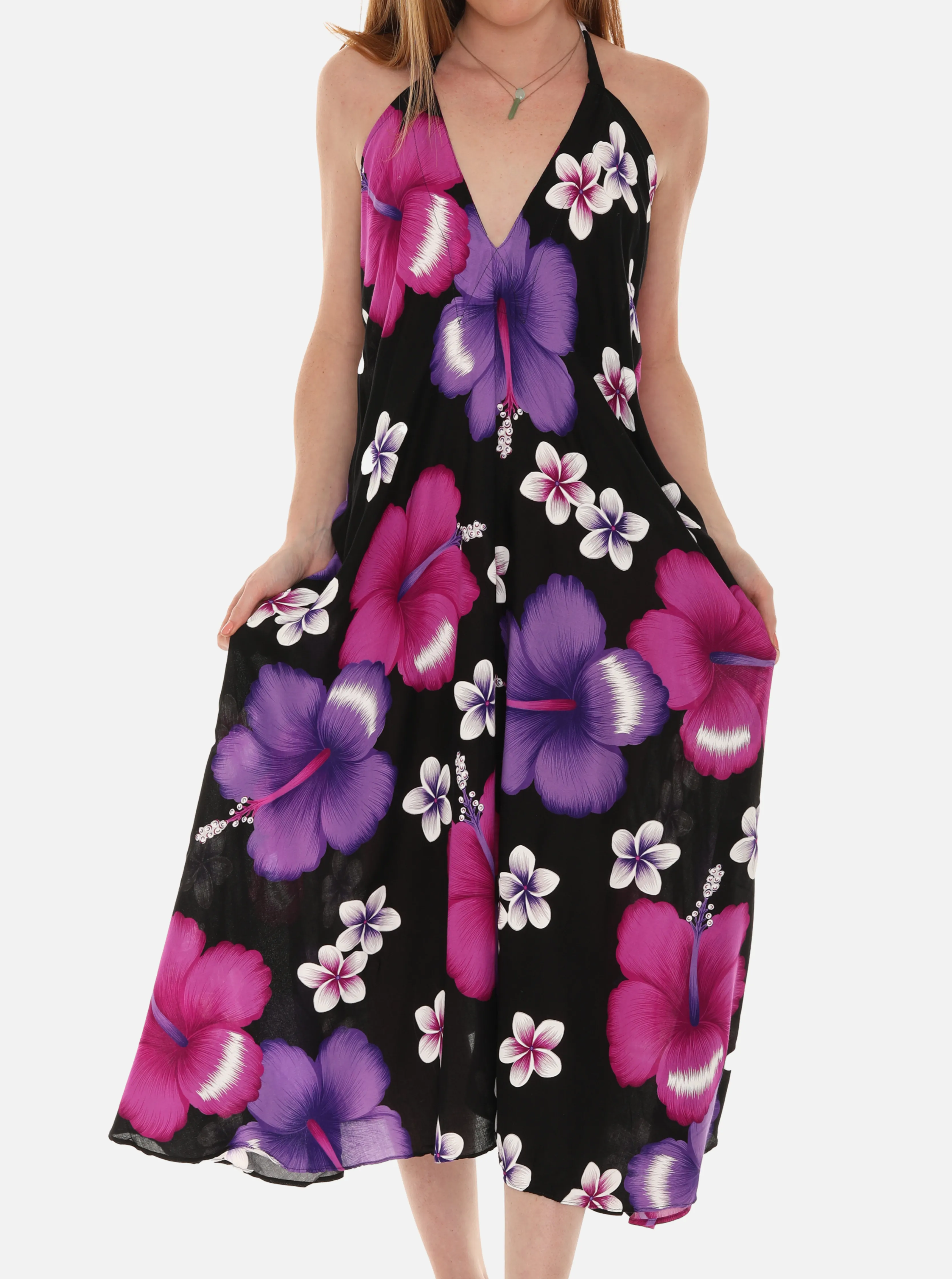 Large Floral Island Print Challis Halter Midi Dress For Women