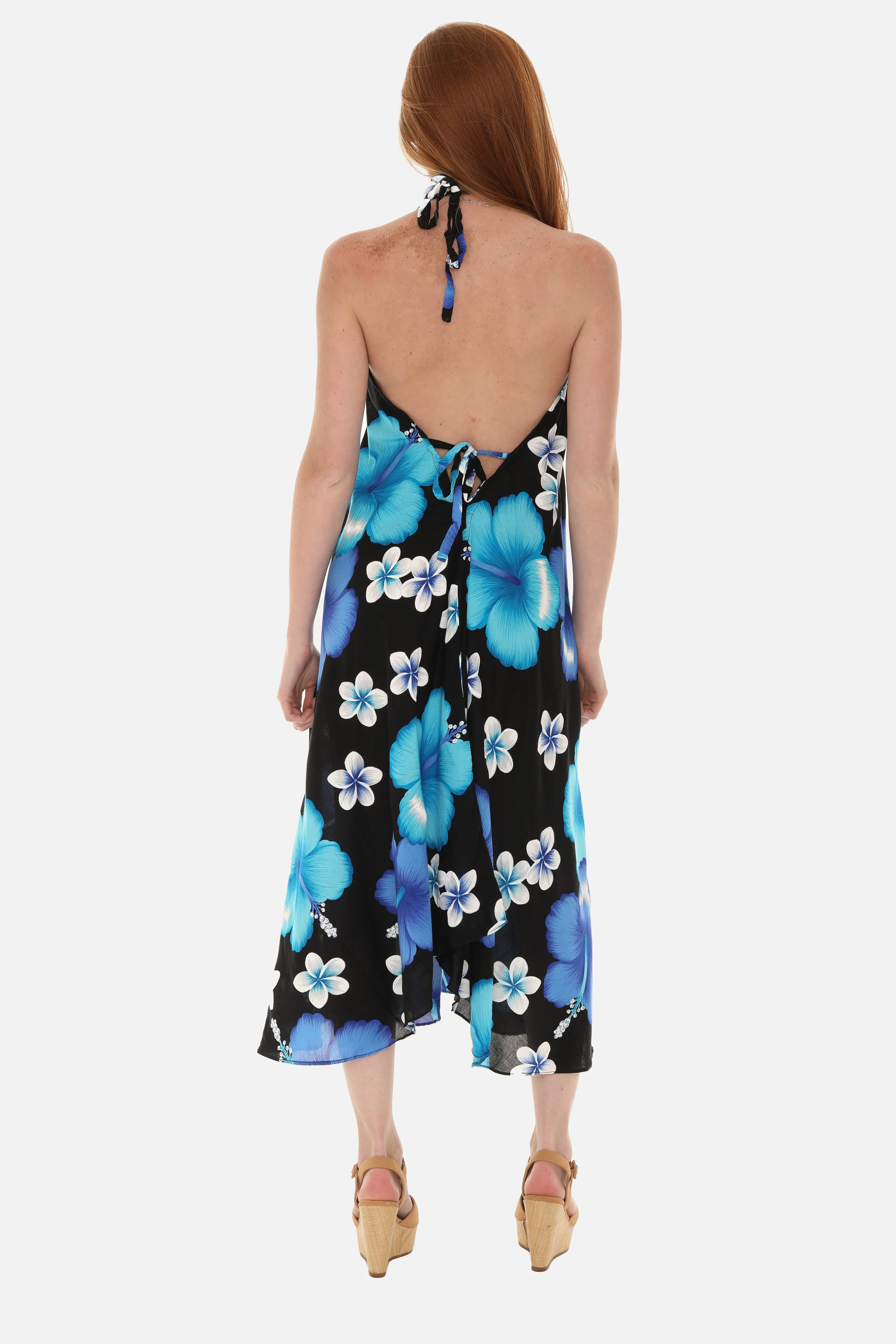 Large Floral Island Print Challis Halter Midi Dress For Women