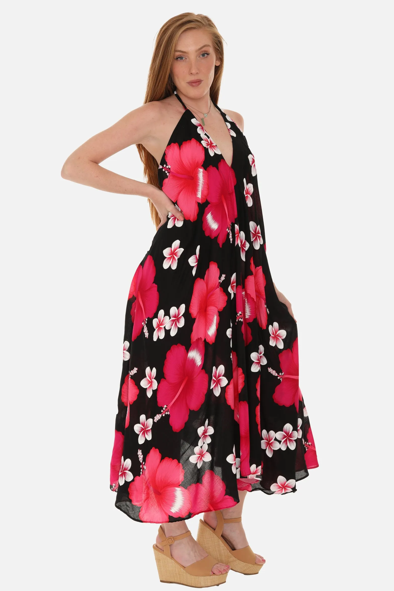 Large Floral Island Print Challis Halter Midi Dress For Women
