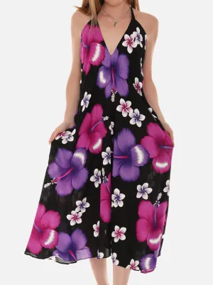 Large Floral Island Print Challis Halter Midi Dress For Women