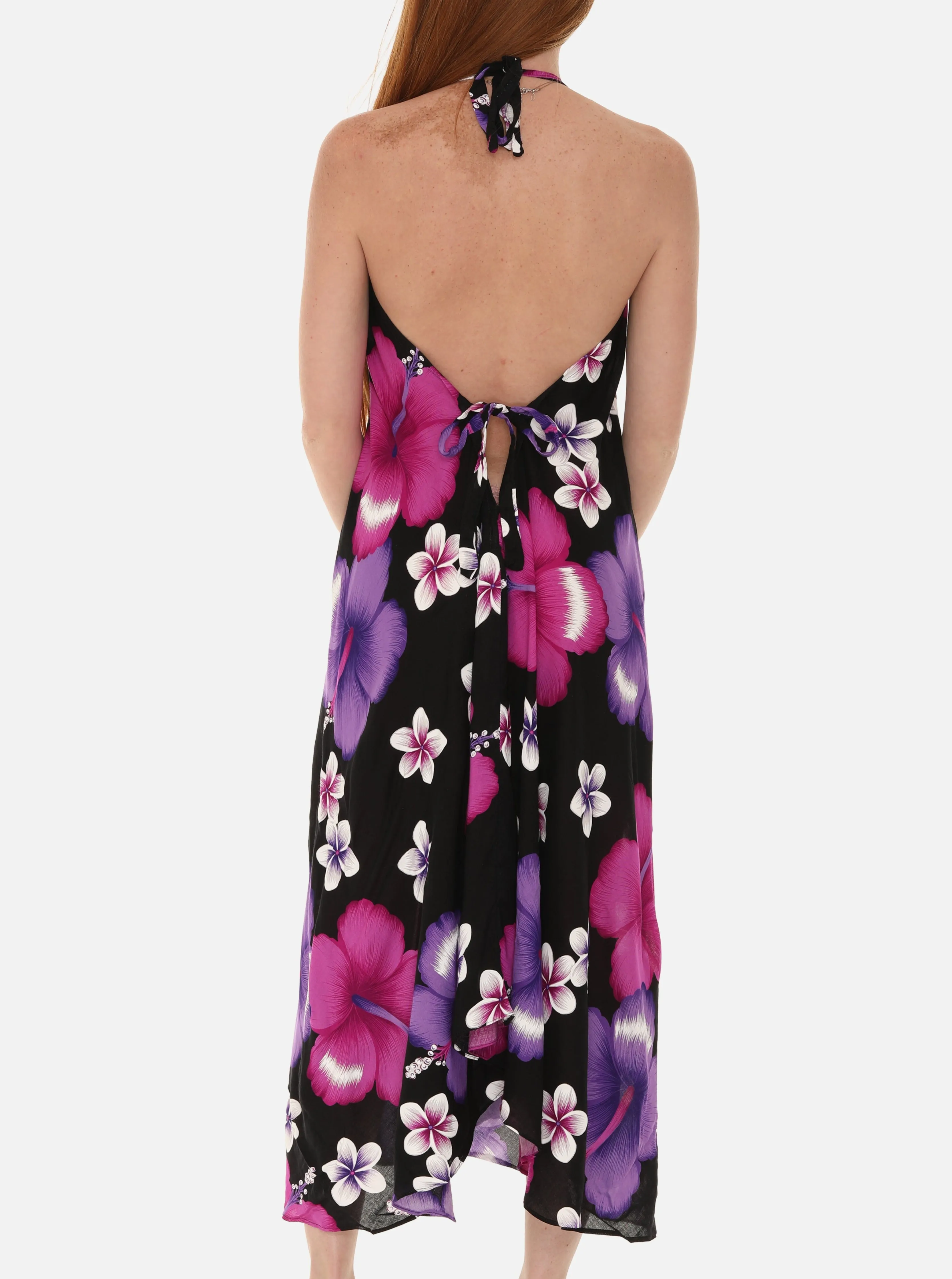 Large Floral Island Print Challis Halter Midi Dress For Women