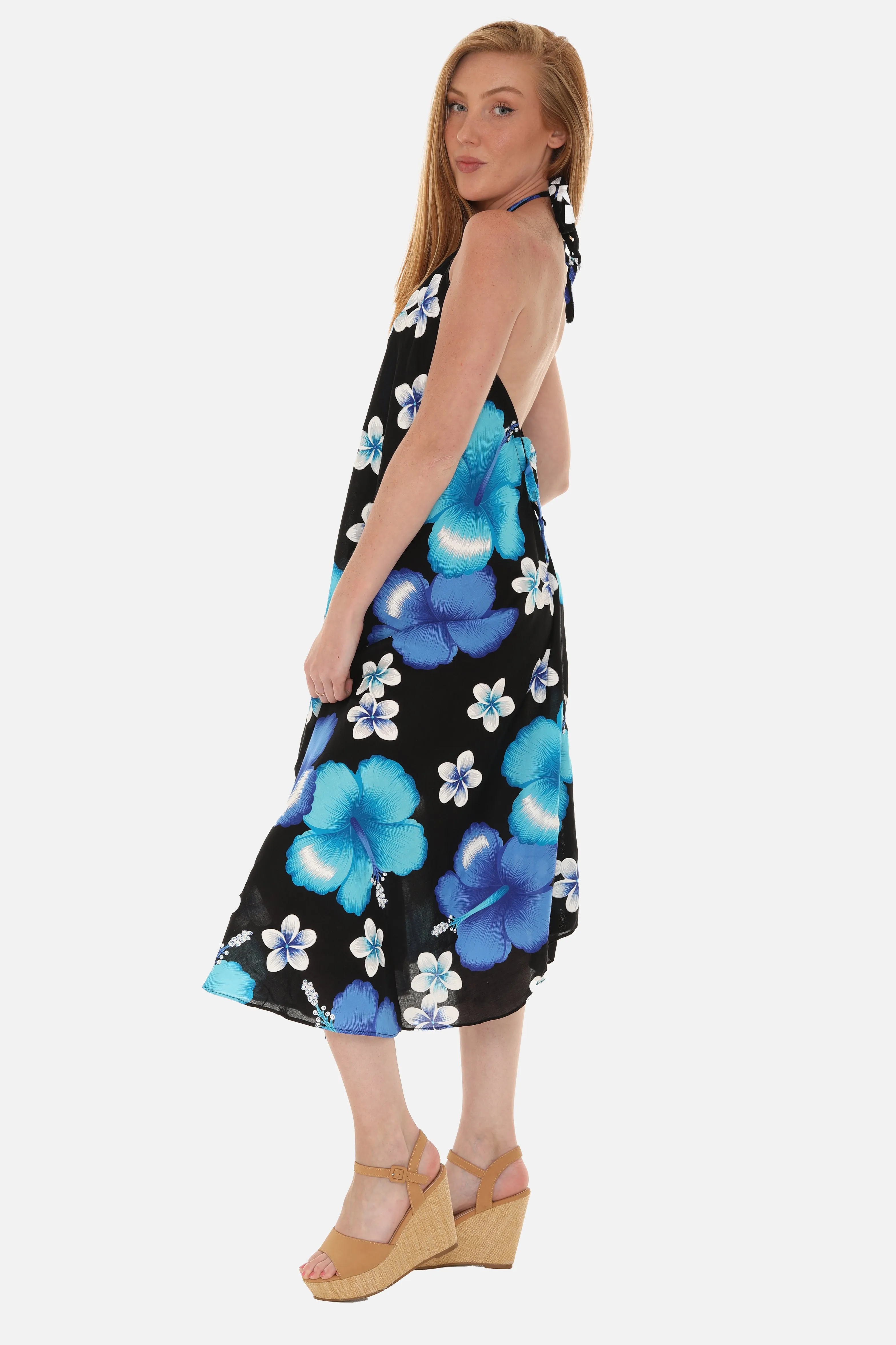 Large Floral Island Print Challis Halter Midi Dress For Women