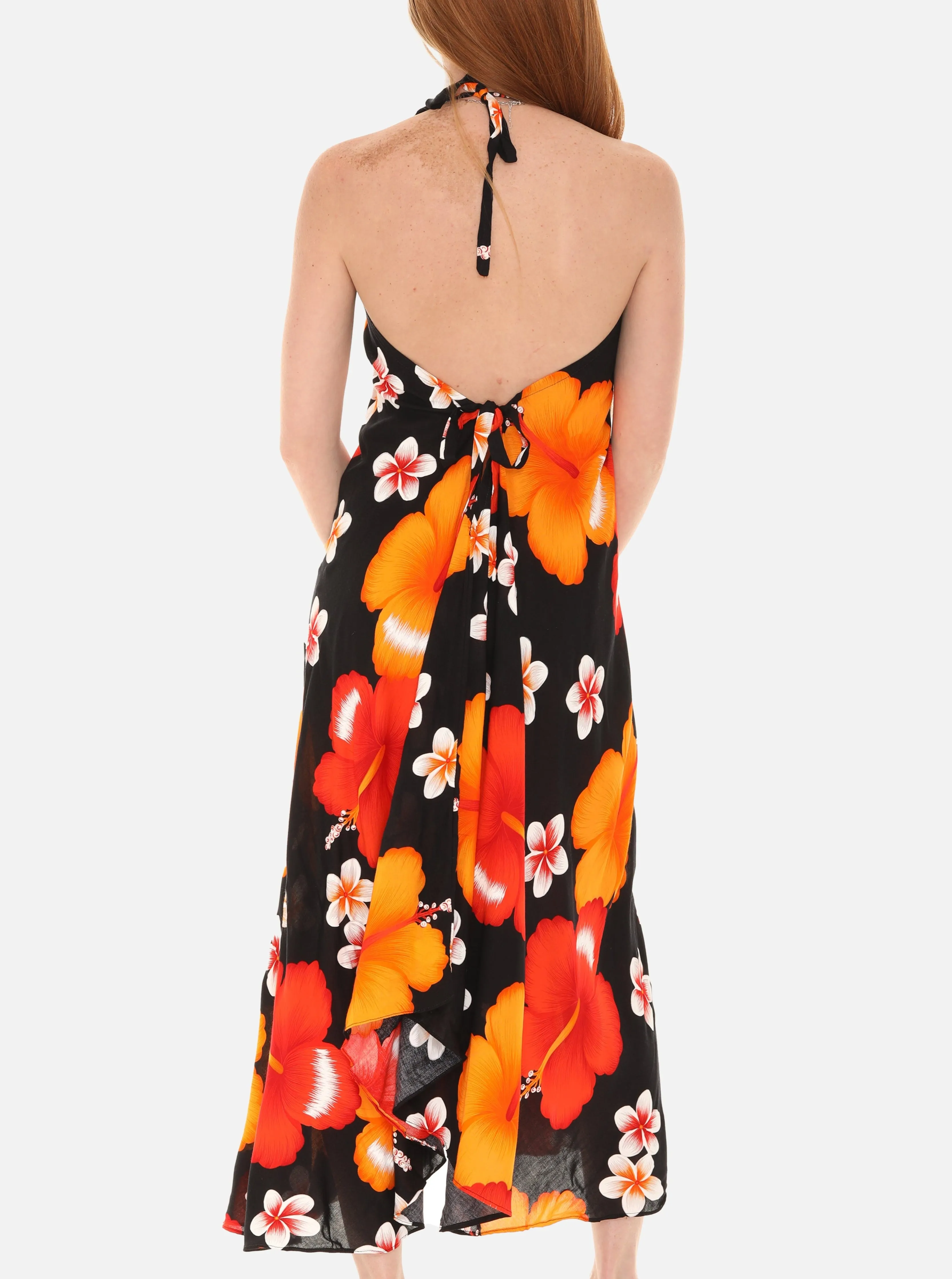 Large Floral Island Print Challis Halter Midi Dress For Women