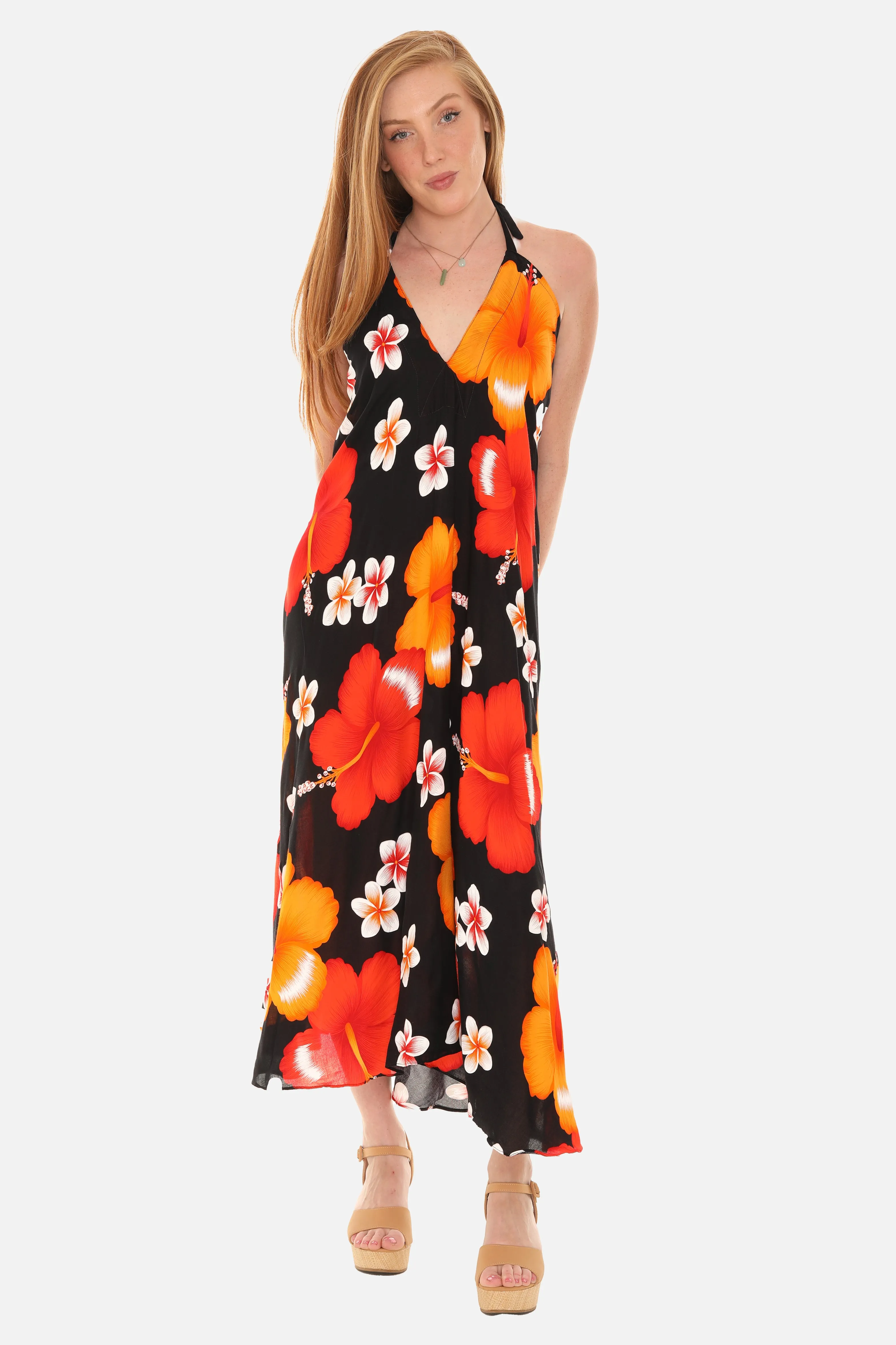 Large Floral Island Print Challis Halter Midi Dress For Women