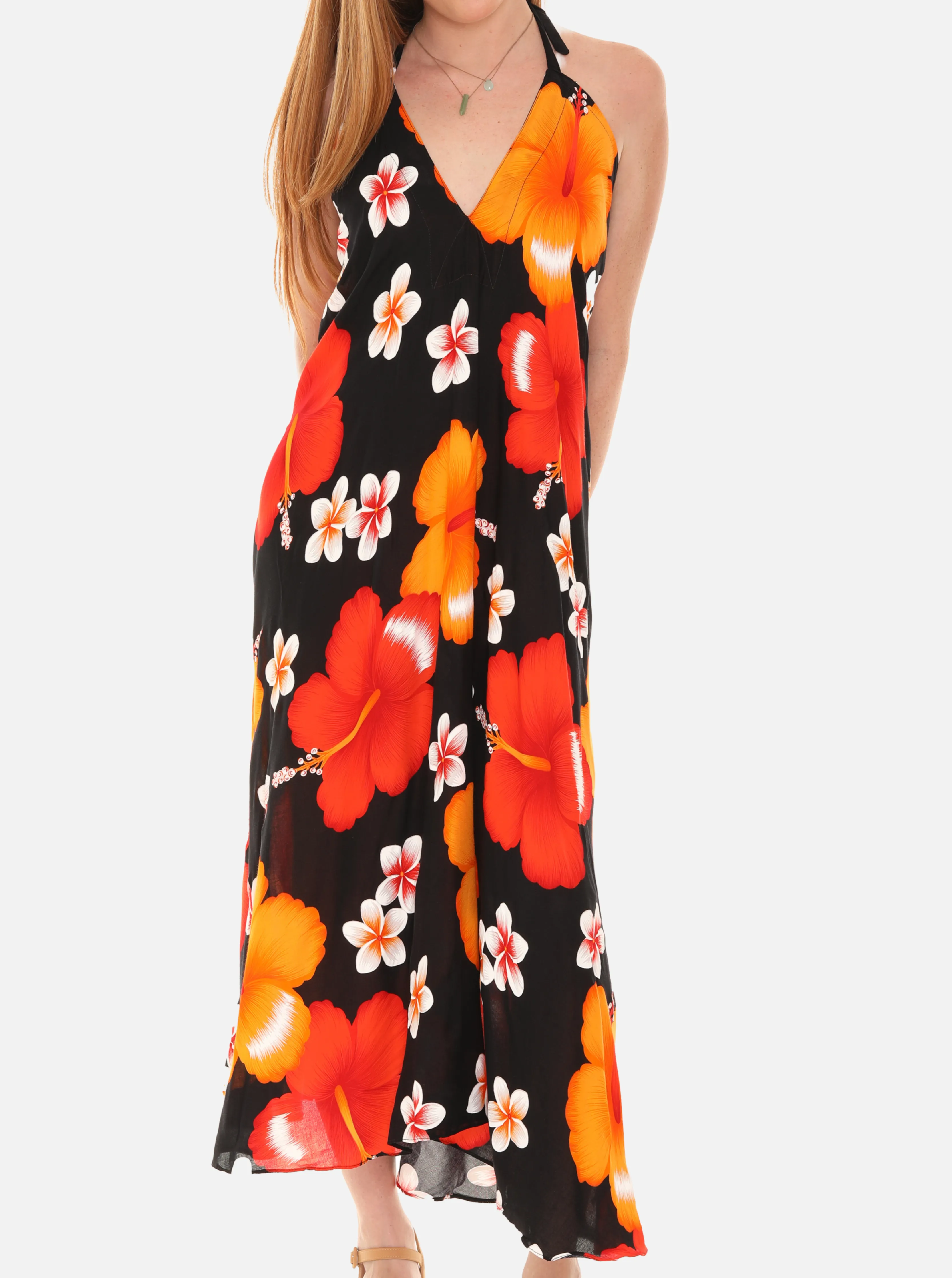 Large Floral Island Print Challis Halter Midi Dress For Women
