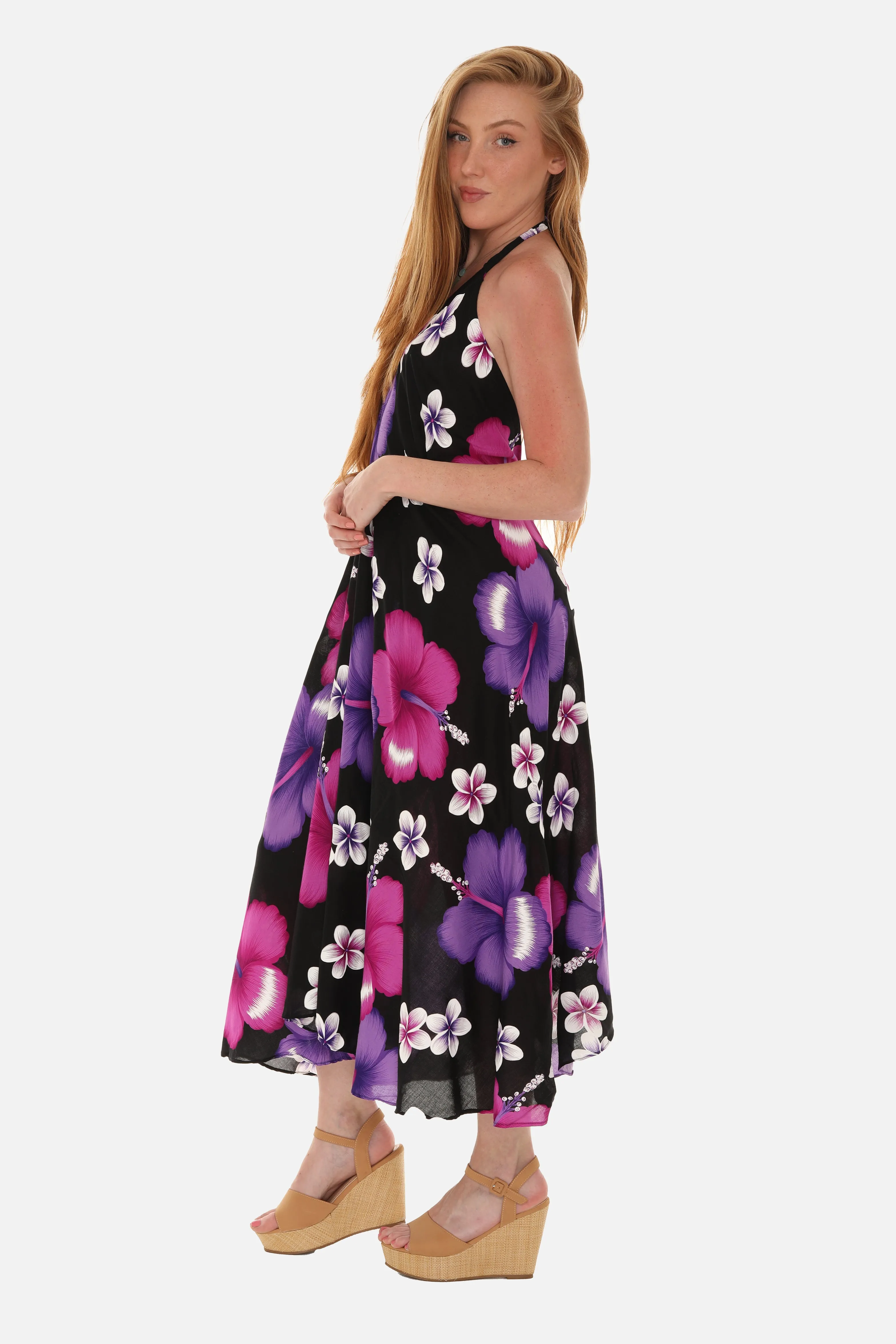 Large Floral Island Print Challis Halter Midi Dress For Women