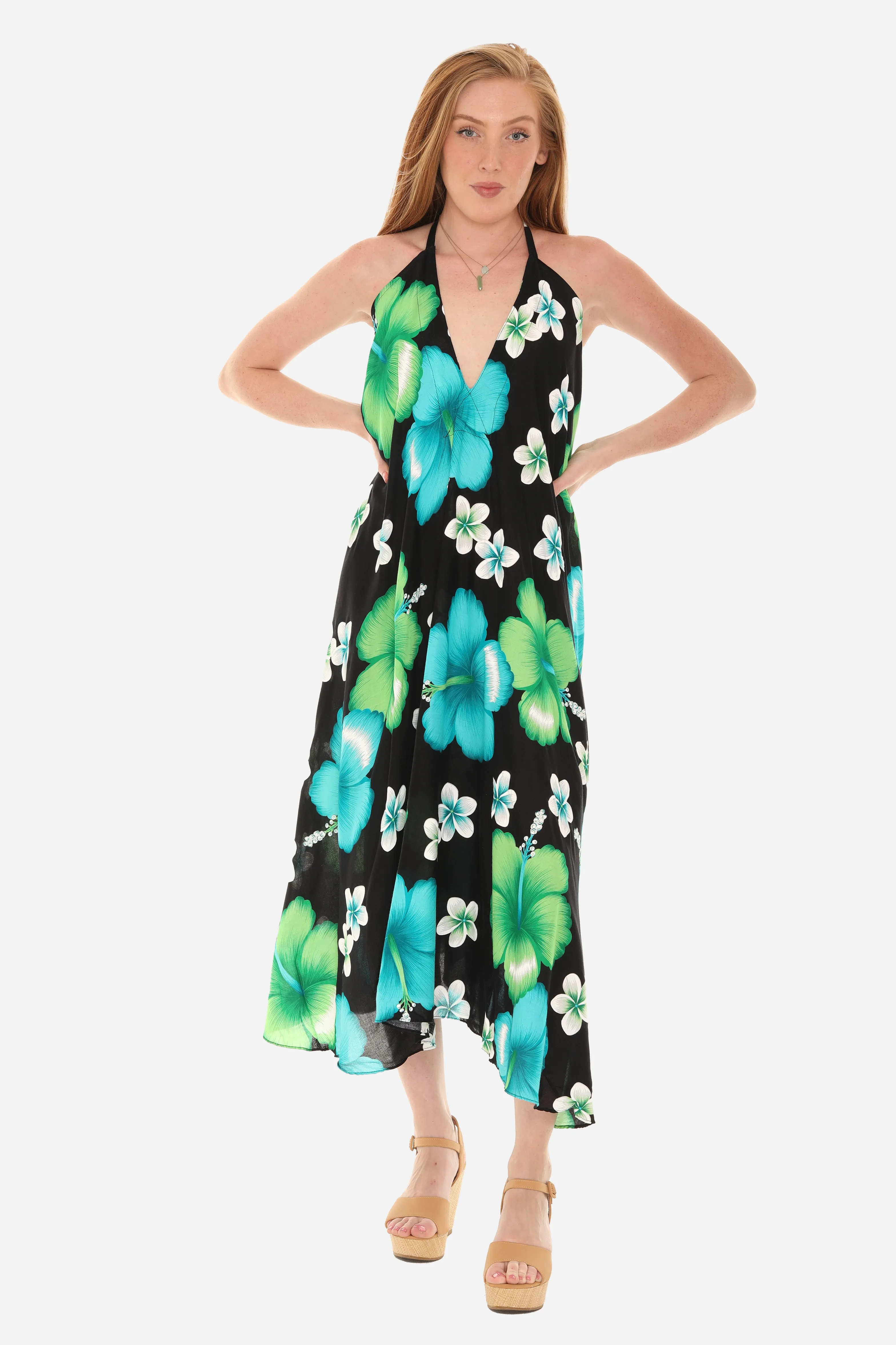 Large Floral Island Print Challis Halter Midi Dress For Women