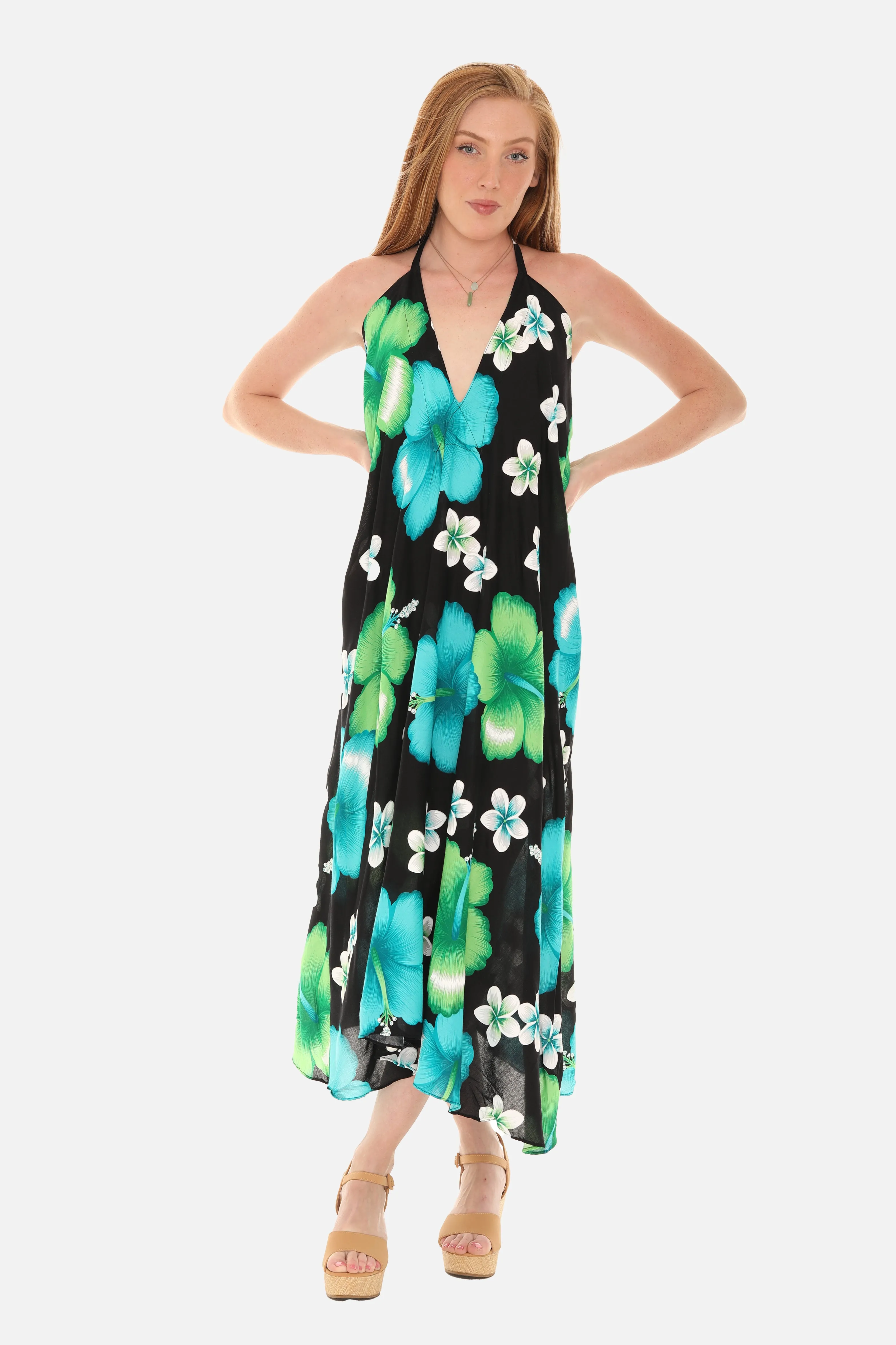 Large Floral Island Print Challis Halter Midi Dress For Women