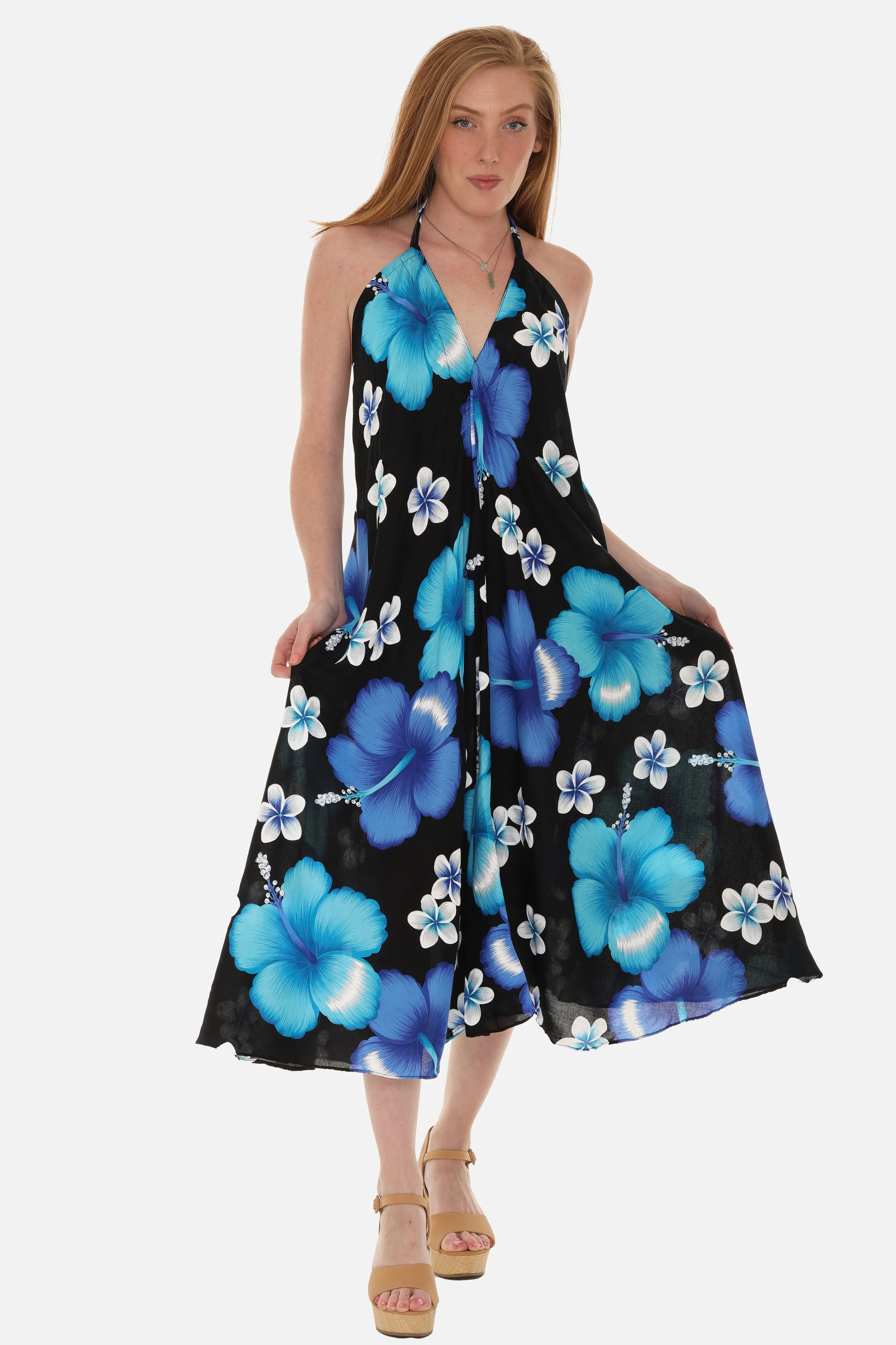 Large Floral Island Print Challis Halter Midi Dress For Women
